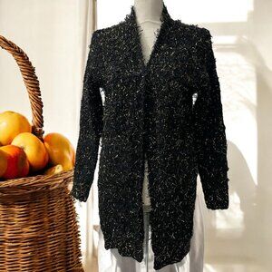 Faith + Linen Black & Metallic Gold Shaggy Eyelash Cardigan Sweater S/M